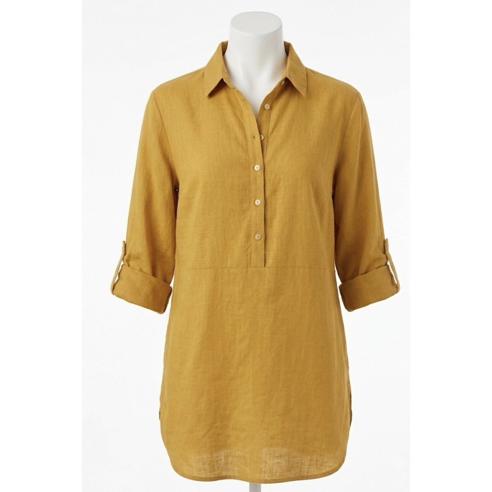 Tahari Mustard Yellow Linen Blend Tunic Shirt Roll Tab Sleeve XL